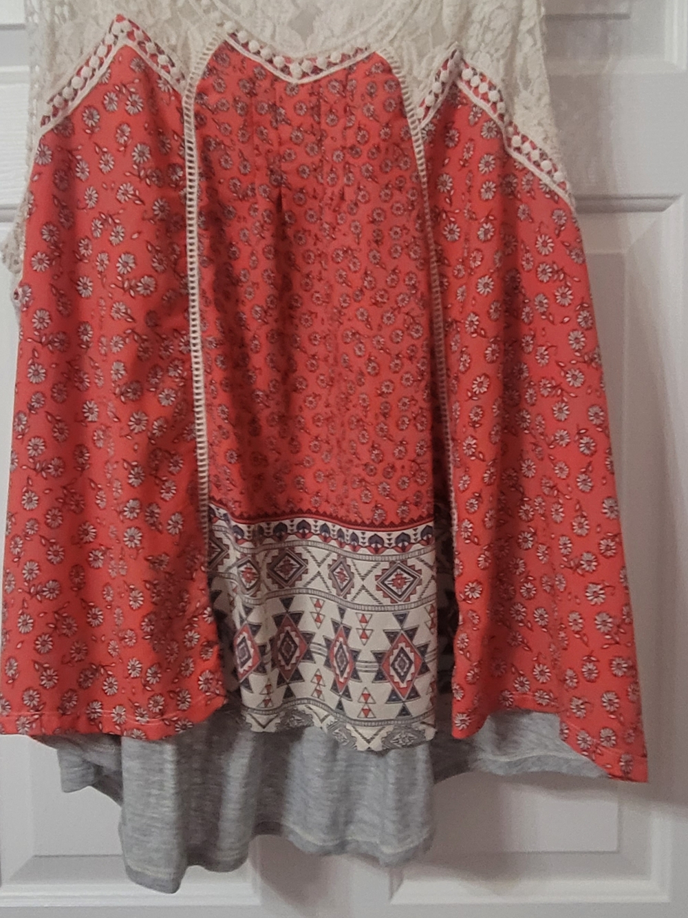 hint of mint Coral Floral Boho Layered Tank with Crochet Trim